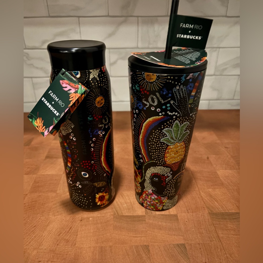 STARBUCKS x Farm Rio Summer 2025 Black Rainbow Cold Tumbler & Water Bottle NEW